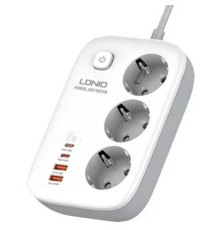 LDNIO SE3436/ Сетевой удлинитель 2м/ 3 розетки/ 3250W/ 4 USB: QC 4.0+PD 3.0+PPS/ GAN 65W/ White