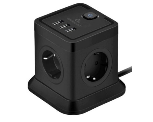 [Кабель эксперт] Cablexpert Сетевой фильтр Tower TWR-4-U3-B-2 (4р, 10А, 3xUSB, 3.1А, 2м, ур.защиты 2+) черный, коробка