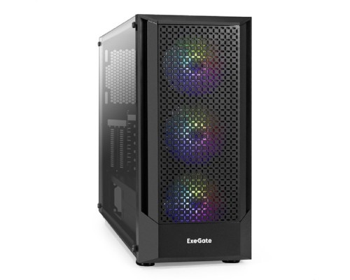 [Корпуса] Exegate EX295765RUS Корпус Miditower ExeGate EVO-8227 (ATX, без БП, 2*USB+1*USB3.0+HD Audio, черный, 3 вент. с RGB подсветкой, боковая панель - закаленное стекло)