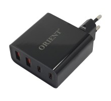 ORIENT PU-A100WL, Сетевое зарядное устройство с функцией быстрой зарядки, мощность 100Вт, Quick Charge 3.0+Power Delivery, выходы: 2xUSB-A + 2xType-C/PD, DC 5/9/12/15/20В, цвет черный (33168)