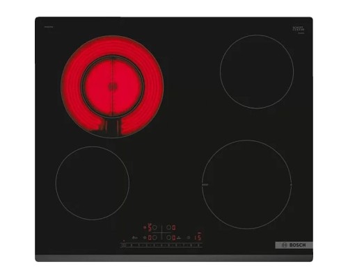 [Варочные панели Bosch] Serie 4, электрическая варочная поверхность, стеклокерамика, черная, ширина 60 см, скос с трех сторон, 4 конфорки, 1 конфорка с круглой зоной расширения, управление TouchSelect, функция ReStart, тайме