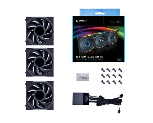 [Вентилятор] Lian Li G99.12TLLCD3B.R0 Комплект вентиляторов (3шт.) UNI FAN TL LCD 120 Black /12TLLCD3B/ 120х125х28мм (1.6” LCD дисплей, PWM, ARGB, 200-1900 об/мин, 27dBa) 