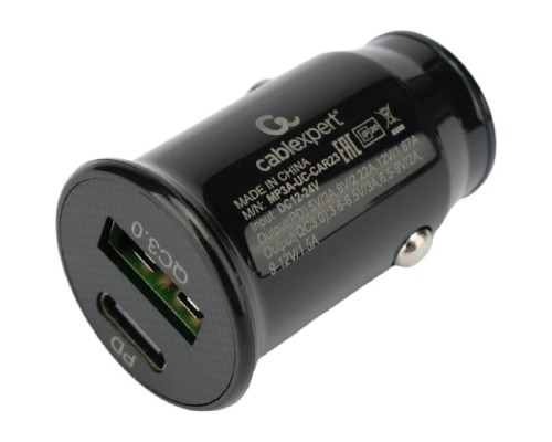 [Аксессуар] Cablexpert Автомобильное зарядное устройство 20Вт, 3А, QC3.0/PD, 1xUSB, 1xType-C, черный, пакет (MP3A-UC-CAR23)
