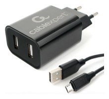 Cablexpert Зарядное устройство 12Вт, 2.4А, 2xUSB, кабель Micro USB 1м, черный, коробка-блистер (MP3A-PC-35)