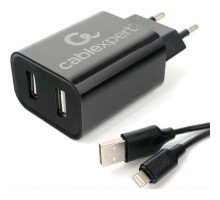 Cablexpert  Зарядное устройство 12Вт, 2.4А, 2xUSB, кабель Lightning 1м, черный, коробка-блистер (MP3A-PC-36)