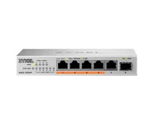 [Сетевое оборудование] Коммутатор/ Мультигигабитный PoE++ коммутатор Zyxel XMG-105HP, 5xRJ-45: 1/2.5G (4 из них PoE++), 1xSFP+, настольный, бесшумный, бюджет PoE 70 Вт