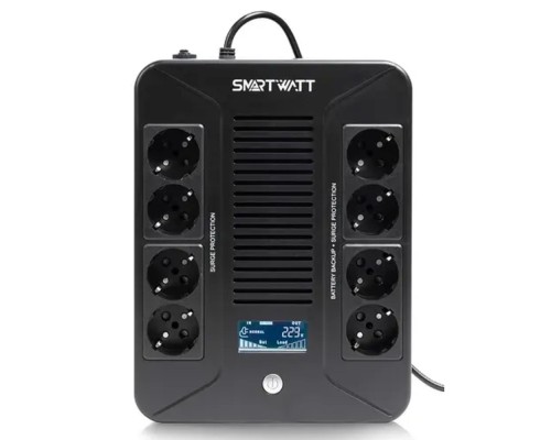 [Смартватт] SMARTWATT UPS SAFE PRO LCD 1000 {линейно-интерактивный, 1000/600 ВА/Вт, напольный/настенный, LCD дисплей, Shuko CEE7/4 - 8 шт. (4 шт. с резервным питанием, 4 шт. - сетевой фильтр}