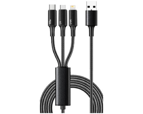 [Кабели] Rexant (18-7075) Кабель USB 3в1 Type-С (6A), Lightning (2,4A), micro USB (3A) 1,2м, в черной оплетке