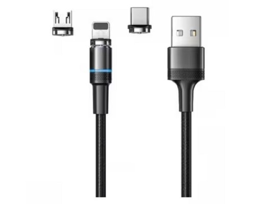[Кабели] Rexant (18-7076) Кабель USB 3в1 Type-С (2A), Lightning (2,4A), Micro USB (2A), 1,2м, в черной оплетке, с LED подсветкой