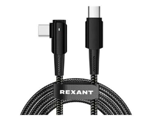 [Кабели] Rexant (18-7070) Кабель Type-C – Type-C, 5А, 100Вт, 1м, в черной нейлоновой оплетке, с угловым штекером и световой индикацией