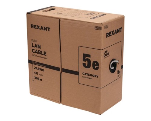 [Экранированная витая пара FTP (бухты)] Rexant (01-0154-R) Кабель витая пара F/UTP, CAT 5e, PE, 4PR, 24AWG, OUTDOOR, SOLID, черный, 305м, серия LIGHT, РФ