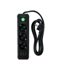 Amper сетевой удлинитель, 2,0м, 3 розетки, 10А, 2500 Вт, 3usb, черный. [JH-1031U-2B]