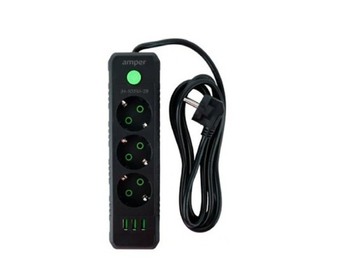 [Сетевые фильтры] Amper сетевой удлинитель, 2,0м, 3 розетки, 10А, 2500 Вт, 3usb, черный. [JH-1031U-2B]