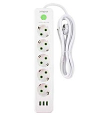 Amper сетевой удлинитель, 2,0м, 5 розеток, 10А, 2500 Вт, 3usb, белый. [JH-1033U-2W]