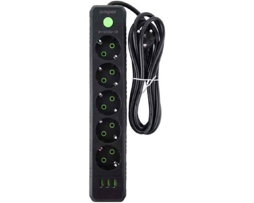 [Сетевые фильтры] Amper сетевой удлинитель, 2,0м, 5 розеток, 10А, 2500 Вт, 3usb, черный. [JH-1033U-2B]