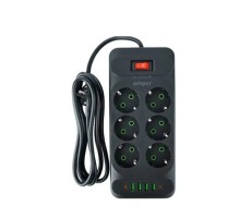 Amper сетевой удлинитель, 2,0м, 6 розеток, 10А, 2500 Вт, 4usb,2Type-C, черный. [JH-1076U-2B]