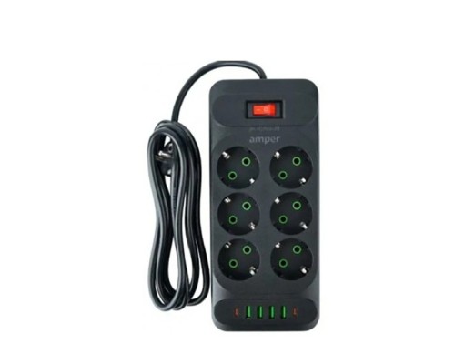[Сетевые фильтры] Amper сетевой удлинитель, 2,0м, 6 розеток, 10А, 2500 Вт, 4usb,2Type-C, черный. [JH-1076U-2B]