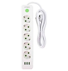 Amper сетевой удлинитель, 4,0м, 5 розеток, 10А, 2500 Вт, 3usb, белый. [JH-1033U-4W]