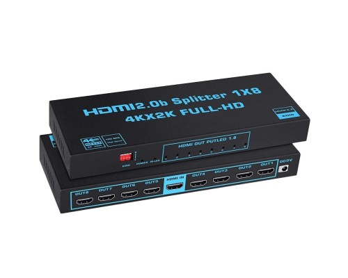 [переходник] ORIENT HSP0108HL-2.0, HDMI разветвитель 1->8, UHD 4K/60Гц (3840x2160),  HDR10, HDMI 2.0b, 18 Гбит/с, HDCP 2.2, EDID управление, внешний БП 5В/3А, метал.корпус (33254)