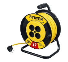 Удлинитель силовой Stayer 55070-50, розеток 4шт, 2x2.5 кв.мм, 10A, 50м, ПВС, катушка, желтый