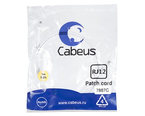 [Cabeus Патч-корды (сетевые, телефонные)] Cabeus PC-TEL-RJ12-1m Патч-корд телефонный 2х6р4с, белый, PVC, 1 м
