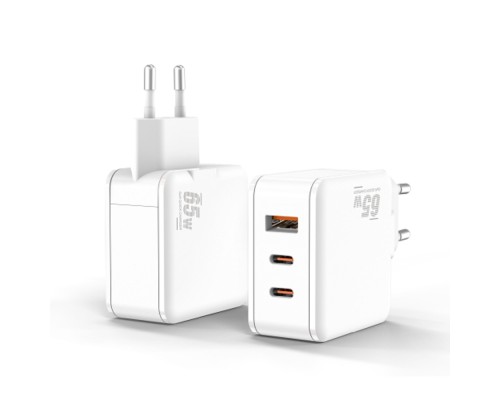 [Аксессуар] Bion Сетевое Зарядное Устройство, GaN, USB-A + 2*USB-C, PowerDelivery, 65 Вт, белый [BXP-GAN-PD-A2C-65W]