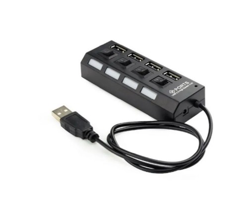 [Кабель] Gembird Разветвитель USB2.0  4xUSB, блок питания 2А, подсветка и выкл, кабель USB 55см, черный (UHB-U2P4-02A)
