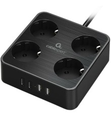 Cablexpert Сетевой фильтр Plate PLT-4-C2U2-B-2 (4р, 10А, 2xType-C PD, 20Вт, 2xUSB, 2м, ур.защиты 4+) черный, коробка {22562}