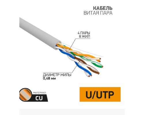 [Неэкранированная витая пара (бухты)] PROconnect (01-0052-25) Кабель U/UTP, CAT 5e, PVC, 4x2x0,48мм, внутренний, серый, 25м
