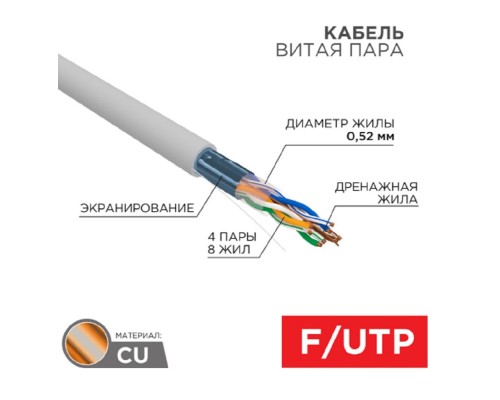 [Неэкранированная витая пара (бухты)] Rexant (01-0141-R) Кабель F/UTP, CAT 5e, PVC нг(А)-LS, 4x2x0,52 мм, 24AWG, внутренний, серый, 305м, РФ REXANT