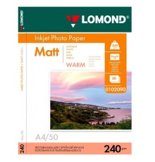 Фотобумага Lomond A4, для струйной печати, 50л, 240г/м2, тепло-белый, покрытие матовое [0102090]