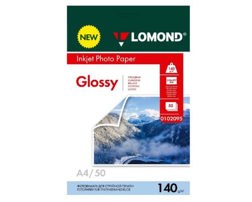 [Бумага] Фотобумага Lomond A4, для струйной печати, 50л, 140г/м2, белый, покрытие глянцевое /глянцевое [0102095]