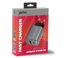 PERFEO Сетевое зарядное устройство с двумя разъемами USB-A+TYPE-C, 20W, серый (I4669)