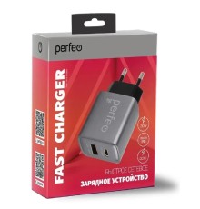PERFEO Сетевое зарядное устройство с двумя разъемами USB-A+TYPE-C, 20W, серый (I4669)