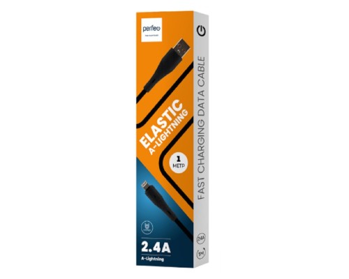 [кабели] PERFEO Кабель USB A вилка - Lightning вилка, 2.4A, черный, силикон, длина 1 м., ELASTIC (I4339)