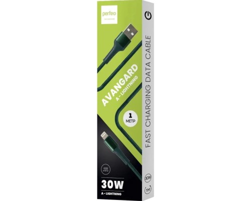 [кабели] PERFEO Кабель USB A вилка - Lightning вилка, 30W, зеленый, длина 1 м., AVANGARD (I4334)