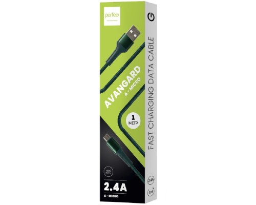 [кабели] PERFEO Кабель USB A вилка - Micro USB вилка, 2.4A, зеленый, длина 1 м., AVANGARD (U4023)