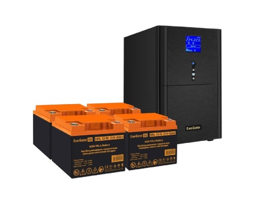 [ИБП (Комплекты)] Exegate EX296887RUS Комплект ИБП EX295991RUS + батарея 45Ач EX285666RUS 4шт (инвертор, синус, для котла) SineTower SZ-5000.LCD.AVR.2SH.1C13.T.RJ.USB <5000VA/4000W, чистый синусоида, LCD дисплей, AVR, 