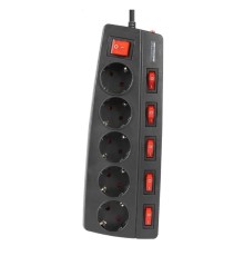 Filum Сетевой фильтр FL-SPL5-1.8M-BL, 2500 Вт., 5 розеток, защитные шторки, инд. выключатели, шнур 1.8 м., черный {00-01095523}