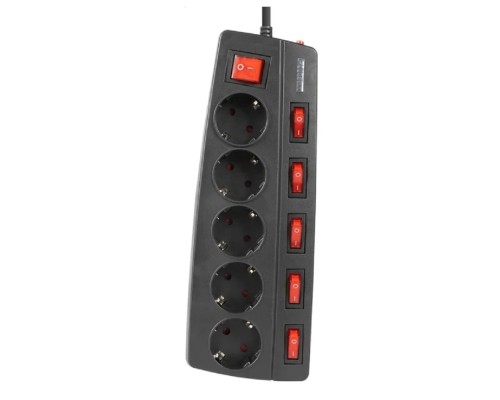 [Filum] Filum Сетевой фильтр FL-SPL5-1.8M-BL, 2500 Вт., 5 розеток, защитные шторки, инд. выключатели, шнур 1.8 м., черный {00-01095523}