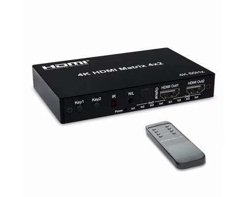 [переходник] ORIENT HS0402H-2.0, HDMI матричный переключатель 4->2 с аудиовыходами, UHD 4K/60Гц (3840x2160), HDR, HDMI 2.0, HDCP 2.2, EDID управление, аудиовыходы: аналоговый jack 3.5 mm/ цифровой SPDIF, (33329)