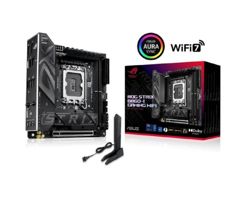[Материнская плата] ASUS ROG STRIX B860-I GAMING WIFI (Socket 1851, mITX,  2xDDR5(128GB), DP/HDMI, 1xPCIe 5.0x16, 1xLAN(2.5GbE), Wi-Fi, BT, Thunderbolt 4, 4xSATA 6Gb/s, 2xM.2, 2xType-C, 4xUSB 3.2, 2xUSB 2.0)