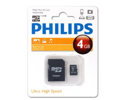 [Карта памяти ] Micro SecureDigital 4GB Philips microSDHC Class 10 (SD адаптер)