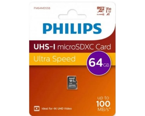 [Карта памяти ] Micro SecureDigital 64GB Philips High Speed  microSDHC Class UHS-I U3, V30, A1, 100MB/s