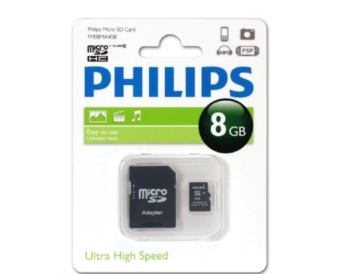 [Карта памяти ] Micro SecureDigital 8GB Philips microSDHC Class 10 (SD адаптер) (FM08MA45B/97)