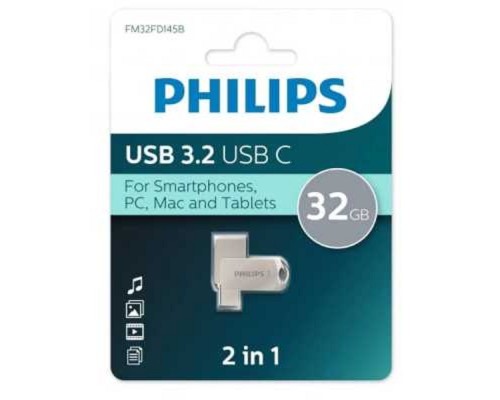 [Носитель информации] PHILIPS USB Drive 32Gb PHILIPS 2-in-1 USB 3.2 USB C, OTG, USB 3.2/Type-C, Металл, 100 MB/s