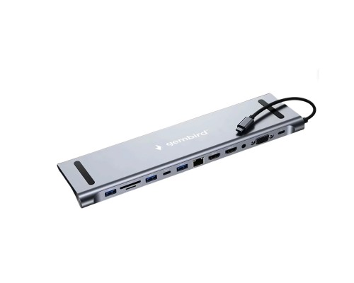 [Контроллер] Gembird Док-станция Type-C,12в1: 2xUSB3.1,USB2.0, RJ45,PD87W, Jack3.5, SD/TF, 2xHDMI, VGA,Type-C (UHB-D6)