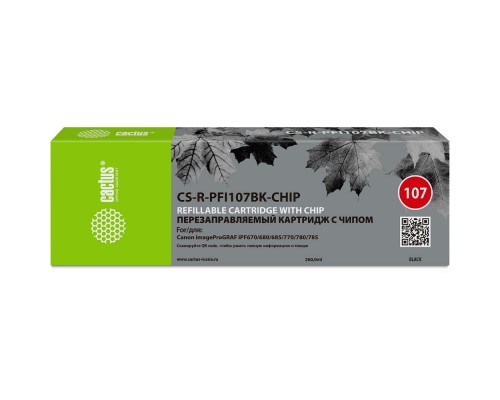 [расходные материалы] Картридж перезаправляемый струйный Cactus CS-R-PFI107BK-CHIP черный (260мл) для Canon imageProGRAF iPF670/680/685/770/780/785 с чипом
