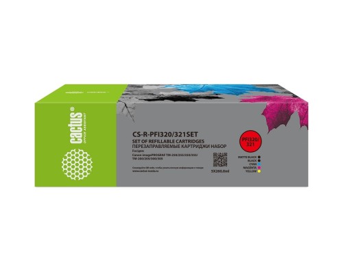 [расходные материалы] Картридж перезаправляемый струйный Cactus CS-R-PFI320/321SET черный/черный матовый/голубой/желтый/пурпурный набор 5шт.упак. для Canon imagePROGRAF TM-200/200MFP/205/300/300MFP/305/250/255/350/355 без 