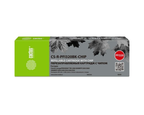 [расходные материалы] Картридж перезаправляемый струйный Cactus CS-R-PFI320BK-CHIP PFI-320BK черный (260мл) для Canon imagePROGRAF TM-200/200MFP/205/300/300MFP/305/250/255/350/355 с чипом